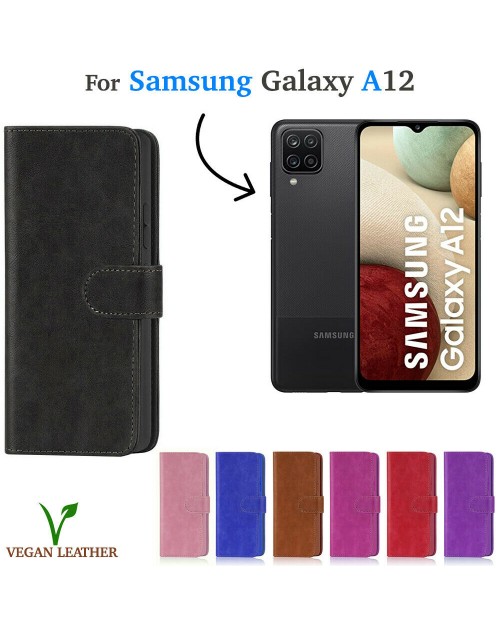 Samsung Galaxy A12 Vegan PU Leather Flip Book Style Wallet Case Cover